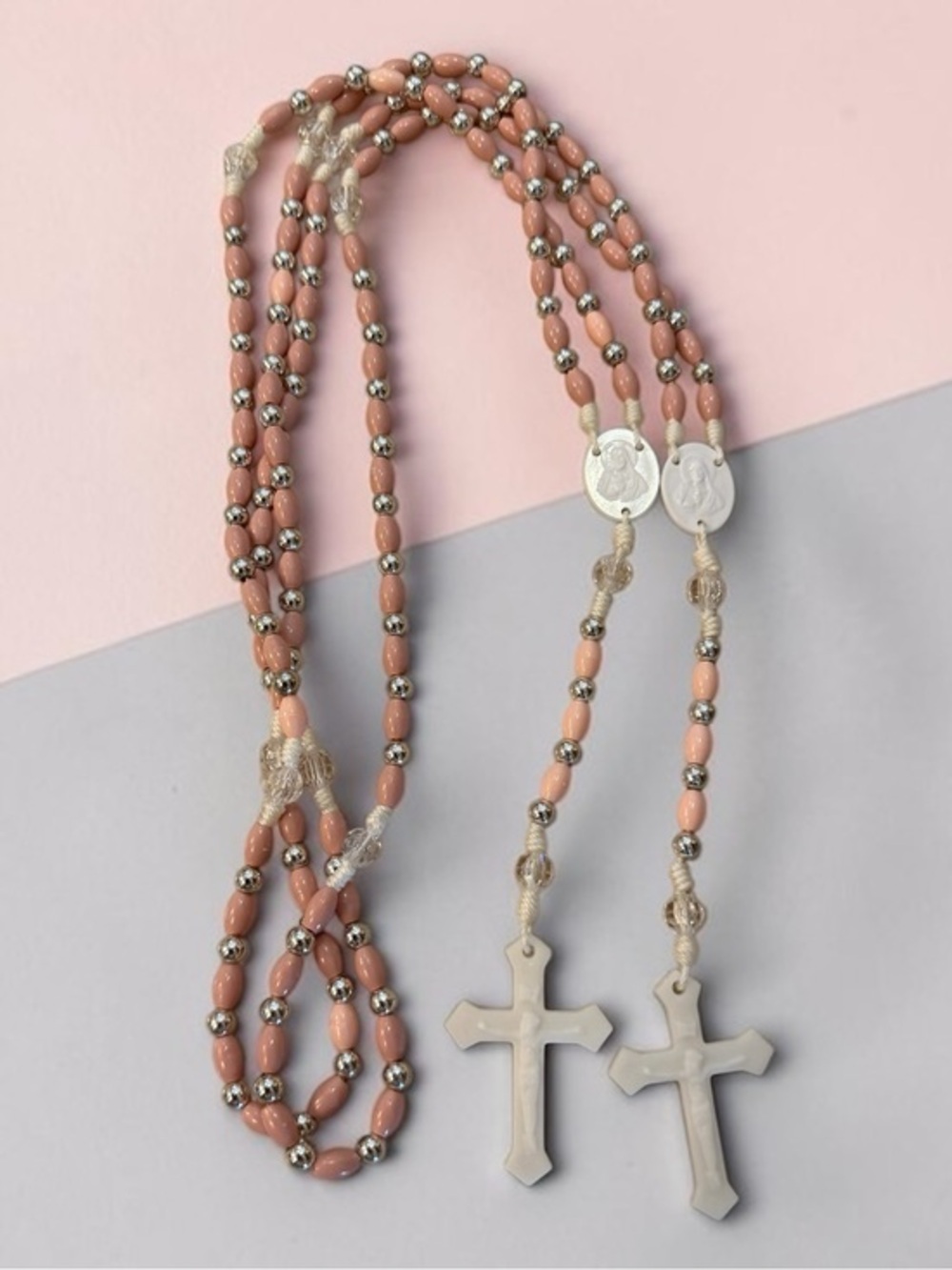🫶🏻 2 Rosary Necklaces with Pink Beads and White Cross